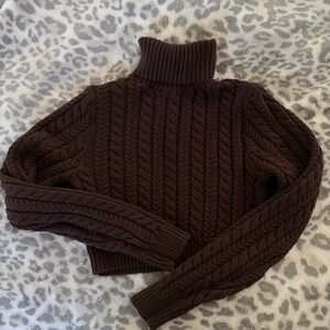La Hearts Chocolate Cable Knit Turtleneck Cropped Sweater